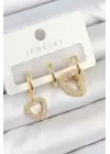 Pirinç Zirkon Taşlı Kalp Model Gold Renk 3lü Çift Kadın Küpe Set