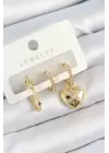 Pirinç Zirkon Taşlı Kalp Model Gold Renk 3lü Çift Kadın Küpe Set