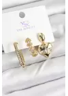 Pirinç Zİrkon Taşlı Kalp Model Gold Renk 3lü Kadın Küpe