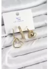 Pirinç Zİrkon Taşlı Kalp Model Gold Renk 3lü Kadın Küpe