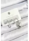 Pirinç Zirkon Taşlı Kalp Model Gümüş Renk 3lü Çift Kadın Küpe Set