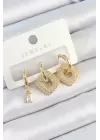 Pirinç Zirkon Taşlı Kare Model Gold Renk 3lü Çift Kadın Küpe Set