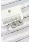 Pirinç Zirkon Taşlı Kare Model Gümüş Renk 3lü Çift Kadın Küpe Set
