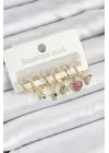 Pirinç Zirkon Taşlı Karpuz Yonca Kalp Pusula Karışık Model Gold Renk 6lı Set Kadın Küpe