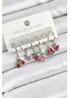 Pirinç Zirkon Taşlı Karpuz Yonca Kalp Pusula Karışık Model Gümüş Renk 6lı Set Kadın Küpe