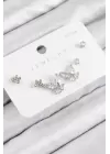Pirinç Zirkon Taşlı Kelebek Model Gümüş Renk 925 Ayar Gümüş Çivi Kadın Küpe Set