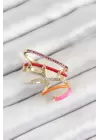 Pirinç Zirkon Taşlı Kırmızı Turuncu Pembe Sıkıştırma Sağ Kıkırdak Gold Renk Kadın Küpe