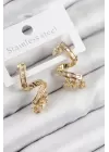 Pirinç Zirkon Taşlı Kıvrımlı Model Gold Renk Kadın Küpe
