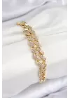 Pirinç Zirkon Taşlı Küba Zincir Model Gold Renk Kadın Bileklik