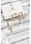Pirinç Zİrkon Taşlı Kutup Yıldızı Model Gold Renk 3lü Çift Kadın Küpe