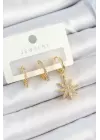 Pirinç Zirkon Taşlı Kutup Yıldızı Model Gold Renk 3lü Çift Kadın Küpe Set