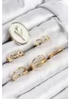Pirinç Zirkon Taşlı Lale Model Gold Renk Kadın Yüzük Kombin Set