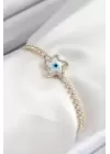 Pirinç Zirkon Taşlı Nazar Yıldız Model Gold Renk Asansörlü Kadın Bileklik
