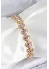 Pirinç Zirkon Taşlı Pembe Kalp Baget Model Gold Renk VIP Seri Kadın Bileklik