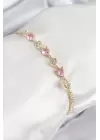 Pirinç Zirkon Taşlı Pembe Kalp Model Gold Renk Kadın Bileklik