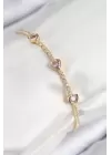 Pirinç Zirkon Taşlı Pembe Kalp Model Gold Renk Kadın Bileklik