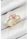 Pirinç Zirkon Taşlı Pembe Kalp Model Gold Renk Kadın Yüzük