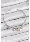 Pirinç Zirkon Taşlı Pembe Kalp Model Gümüş Renk Charm Bileklik