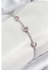 Pirinç Zirkon Taşlı Pembe Kalp Model Gümüş Renk Kadın Bileklik