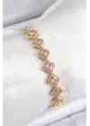 Pirinç Zirkon Taşlı Pembe Yonca Baget Model Gold Renk VIP Seri Kadın Bileklik