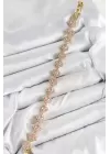 Pirinç Zirkon Taşlı Pembe Yonca Baget Model Gold Renk VIP Seri Kadın Bileklik