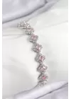 Pirinç Zirkon Taşlı Pembe Yonca Baget Model Gümüş Renk VIP Seri Kadın Bileklik