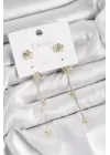Pirinç Zirkon Taşlı Sallantılı Çiçek Model Gold Renk 925 Ayar Gümüş Çivi Kadın Küpe