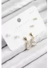 Pirinç Zirkon Taşlı Sallantılı Damla Model Gold Renk 925 Ayar Gümüş Çivi Kadın Küpe Set