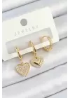 Pirinç Zirkon Taşlı Sallantılı Kalp Model Gold Renk 3lü Çift Kadın Küpe Set
