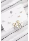 Pirinç Zirkon Taşlı Sallantılı Kare Model Gold Renk 925 Ayar Gümüş Çivi Kadın Küpe Set