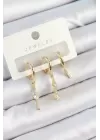 Pirinç Zirkon Taşlı Sallantılı Model Gold Renk 3lü Çift Kadın Küpe Set