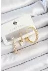 Pirinç Zirkon Taşlı Sallantılı Model Gold Renk 3lü Çift Kadın Küpe Set