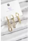 Pirinç Zİrkon Taşlı Sallantılı Model Gold Renk 3lü Kadın Küpe