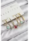 Pirinç Zirkon Taşlı Sallantılı Model Gold Renk 6lı Küpe Set