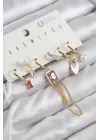 Pirinç Zirkon Taşlı Sallantılı Ve İncili Gold Renk 6lı Küpe Set