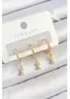 Pirinç Zirkon Taşlı Sallantılı Yıldız Model Gold Renk 3lü Çift Kadın Küpe Set