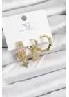 Pirinç Zİrkon Taşlı Sallantılı Yıldız Model Gold Renk 3lü Kadın Küpe