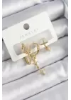 Pirinç Zirkon Taşlı Yıldız Model Gold Renk 3lü Çift Kadın Küpe Set