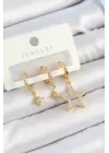 Pirinç Zirkon Taşlı Yıldız Model Gold Renk 3lü Çift Kadın Küpe Set