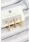 Pirinç Zirkon Taşlı Yıldız Model Gold Renk 3lü Çift Kadın Küpe Set