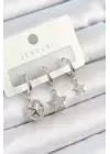 Pirinç Zirkon Taşlı Yıldız Model Gümüş Renk 3lü Çift Kadın Küpe Set