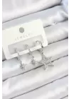 Pirinç Zirkon Taşlı Yıldız Model Gümüş Renk 3lü Çift Kadın Küpe Set