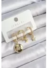 Pirinç Zirkon Taşlı Yıldız Ve Ay Model Gold Renk 3lü Çift Kadın Küpe Set