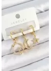 Pirinç Zirkon Taşlı Yıldız Ve Ay Model Gold Renk 3lü Çift Kadın Küpe Set