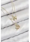 Pirinç Zirkon Taşlı Yıldız Ve Ay Model Gold Renk Kadın Kolye