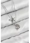 Pirinç Zirkon Taşlı Yıldız Ve Ay Model Gümüş Renk Kadın Kolye