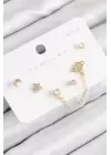 Pirinç Zirkon Taşlı Yıldız Ve Gezegen Model Gold Renk 925 Ayar Gümüş Çivi Kadın Küpe Set