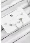 Pirinç Zirkon Taşlı Yıldız Ve Gezegen Model Gümüş Renk 925 Ayar Gümüş Çivi Kadın Küpe Set