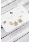 Pirinç Zirkon Taşlı Yıldız Ve Gül Model Gold Renk 925 Ayar Gümüş Çivi Kadın Küpe Set