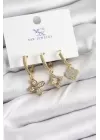Pirinç Zİrkon Taşlı Yonca Model Gold Renk 3lü Kadın Küpe